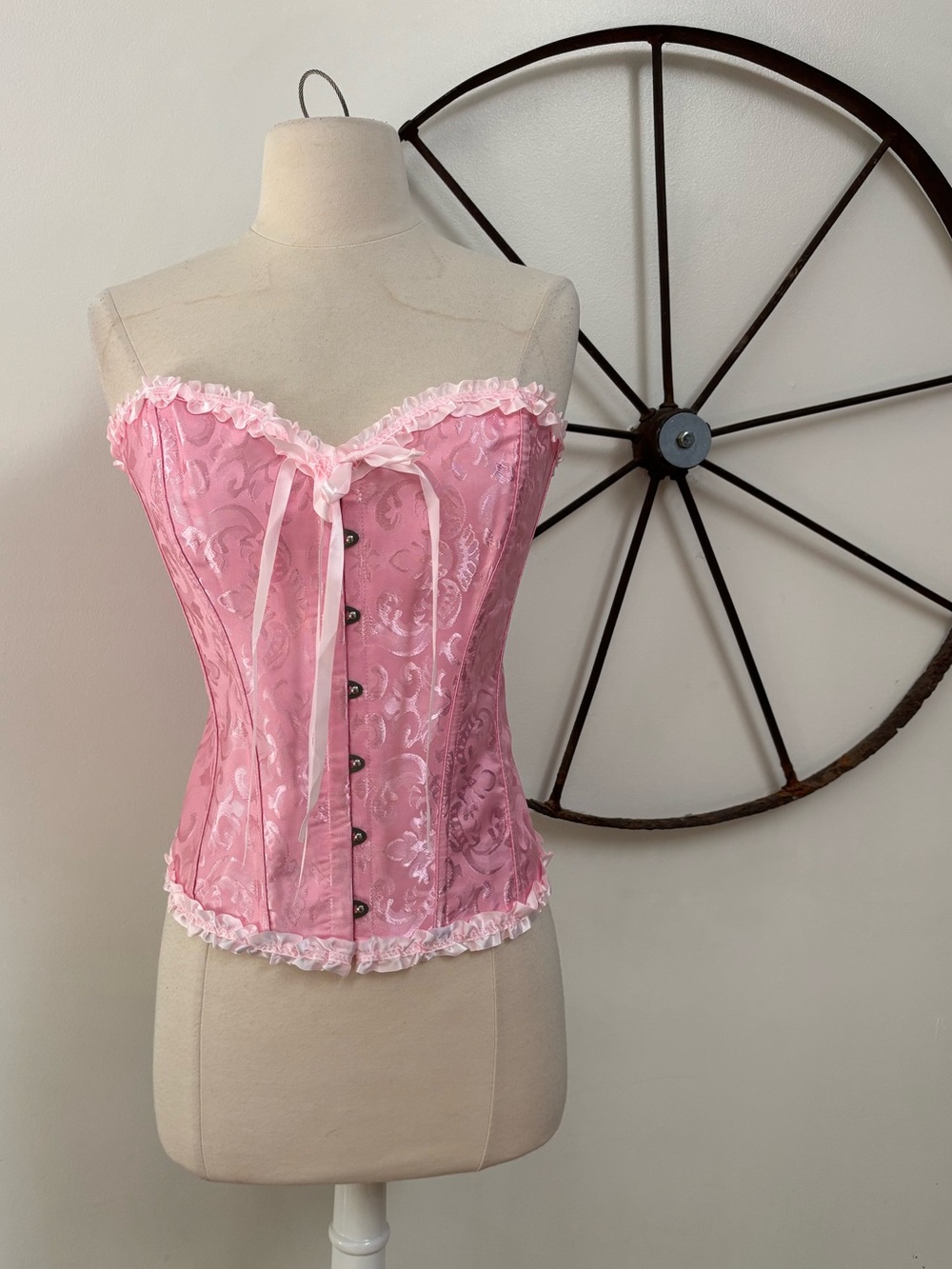 Satin pink ruffled whimsical renaissance fairycore princess nature magic corset